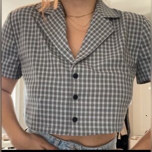 Aritzia Sunday Best Blueish-Gray Checkered Cropped Blouse
